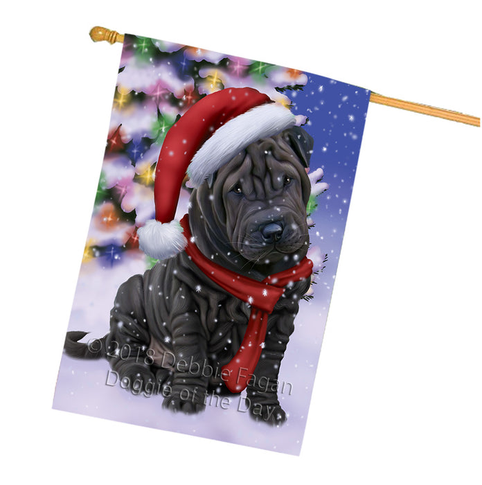 Winterland Wonderland Shar Pei Dog In Christmas Holiday Scenic Background  House Flag FLG53614