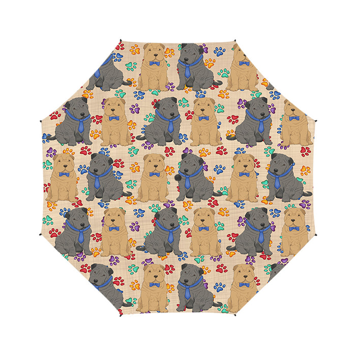 Rainbow Paw Print Shar Pei Dogs Blue Semi-Automatic Foldable Umbrella