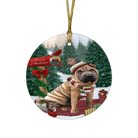 Merry Christmas Woodland Sled Shar Pei Dog Round Flat Christmas Ornament RFPOR55382