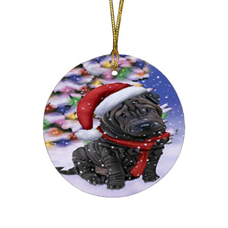 Winterland Wonderland Shar Pei Dog In Christmas Holiday Scenic Background  Round Flat Christmas Ornament RFPOR53407