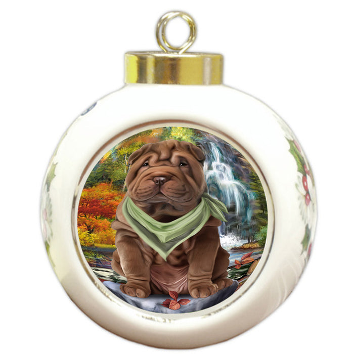 Scenic Waterfall Shar Pei Dog Round Ball Christmas Ornament RBPOR51951