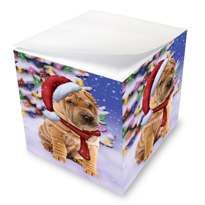 Winterland Wonderland Shar Pei Dog In Christmas Holiday Scenic Background Note Cube NOC53417