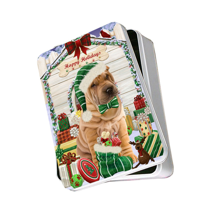 Happy Holidays Christmas Shar Pei Dog House With Presents Photo Storage Tin PITN51497
