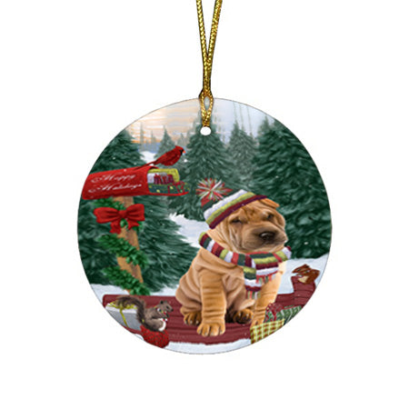 Merry Christmas Woodland Sled Shar Pei Dog Round Flat Christmas Ornament RFPOR55383