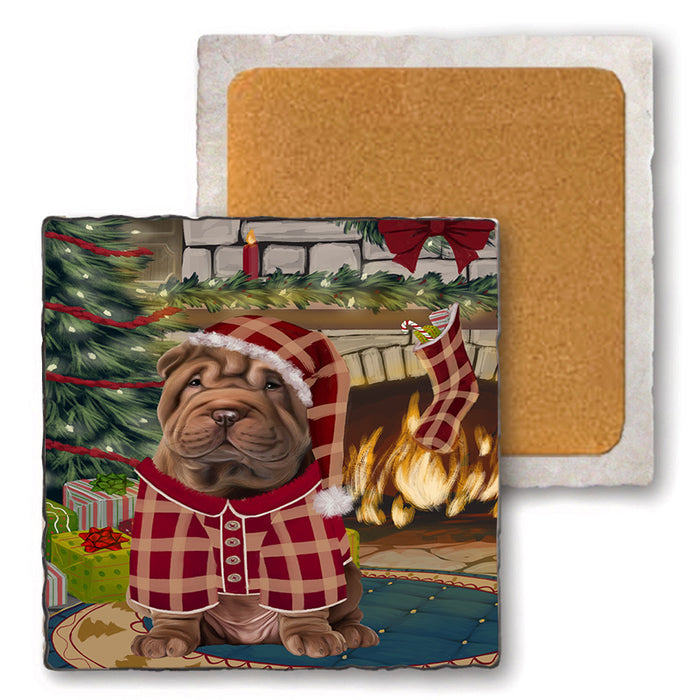 The Stocking was Hung Shar Pei Dog Set of 4 Natural Stone Marble Tile Coasters MCST50607