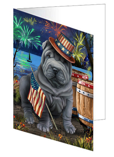4th of July Independence Day Fireworks Shar Pei Dog at the Lake Handmade Artwork Assorted Pets Greeting Cards and Note Cards with Envelopes for All Occasions and Holiday Seasons GCD57701