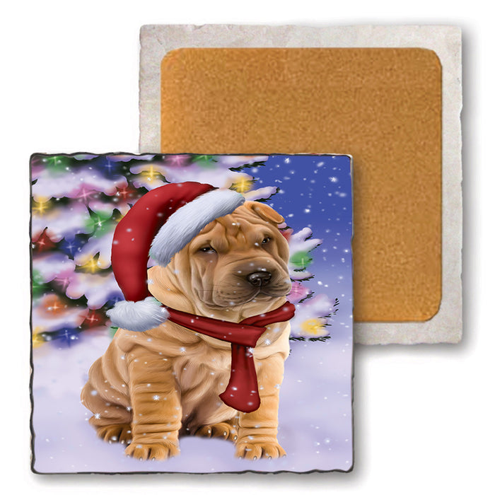 Winterland Wonderland Shar Pei Dog In Christmas Holiday Scenic Background  Set of 4 Natural Stone Marble Tile Coasters MCST48417