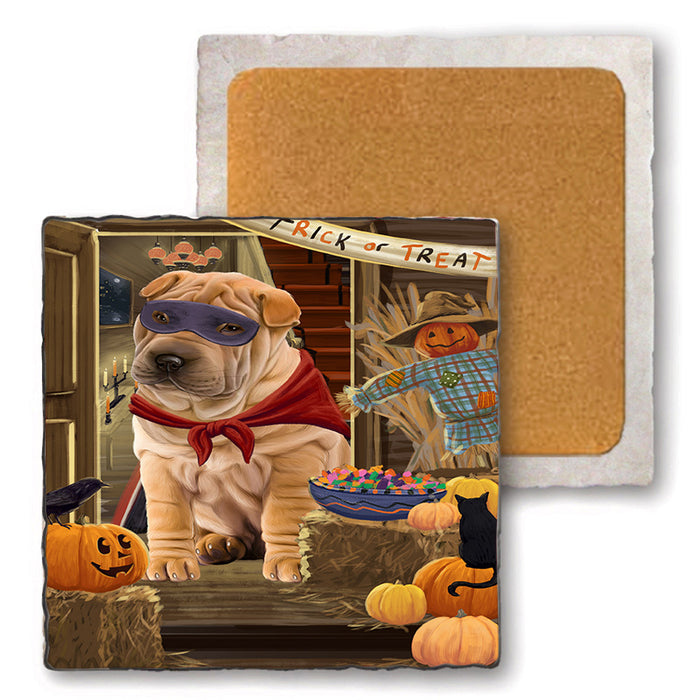 Enter at Own Risk Trick or Treat Halloween Shar Pei Dog Set of 4 Natural Stone Marble Tile Coasters MCST48275
