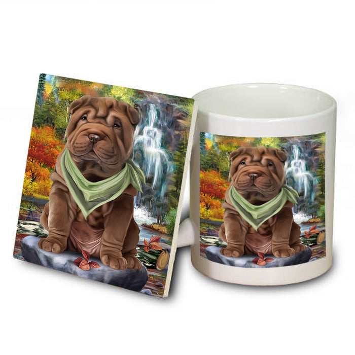 Scenic Waterfall Shar Pei Dog Mug and Coaster Set MUC51943