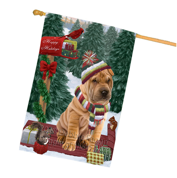 Merry Christmas Woodland Sled Shar Pei Dog House Flag FLG55456