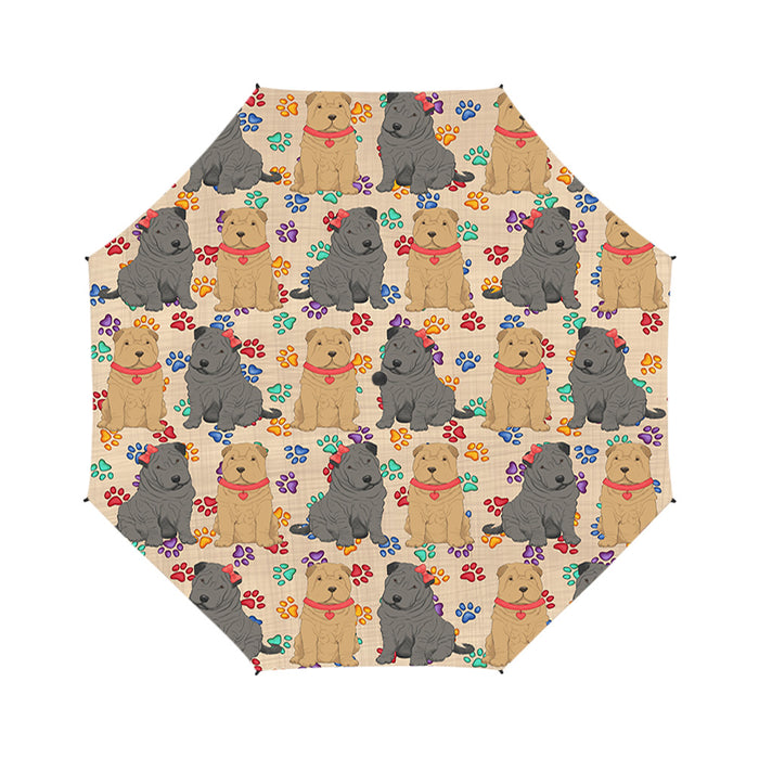 Rainbow Paw Print Shar Pei Dogs Red Semi-Automatic Foldable Umbrella