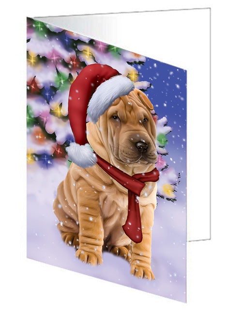 Winterland Wonderland Shar Pei Dog In Christmas Holiday Scenic Background  Handmade Artwork Assorted Pets Greeting Cards and Note Cards with Envelopes for All Occasions and Holiday Seasons GCD64280