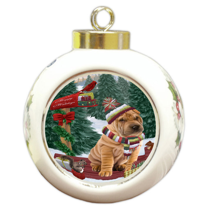 Merry Christmas Woodland Sled Shar Pei Dog Round Ball Christmas Ornament RBPOR55383
