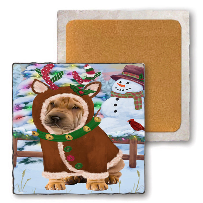 Christmas Gingerbread House Candyfest Shar Pei Dog Set of 4 Natural Stone Marble Tile Coasters MCST51541