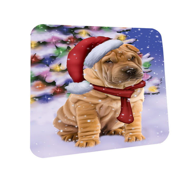 Winterland Wonderland Shar Pei Dog In Christmas Holiday Scenic Background  Coasters Set of 4 CST53375