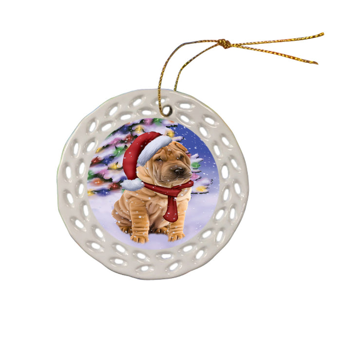 Winterland Wonderland Shar Pei Dog In Christmas Holiday Scenic Background  Ceramic Doily Ornament DPOR53417