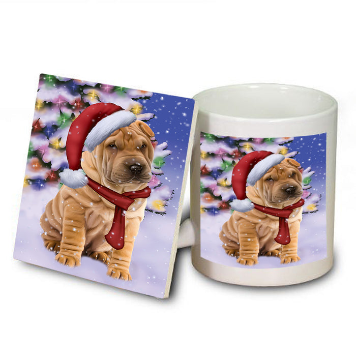 Winterland Wonderland Shar Pei Dog In Christmas Holiday Scenic Background  Mug and Coaster Set MUC53409