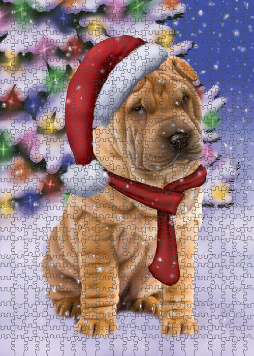 Winterland Wonderland Shar Pei Dog In Christmas Holiday Scenic Background Puzzle with Photo Tin PUZL80824