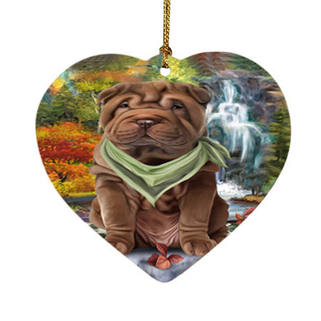 Scenic Waterfall Shar Pei Dog Heart Christmas Ornament HPOR51951