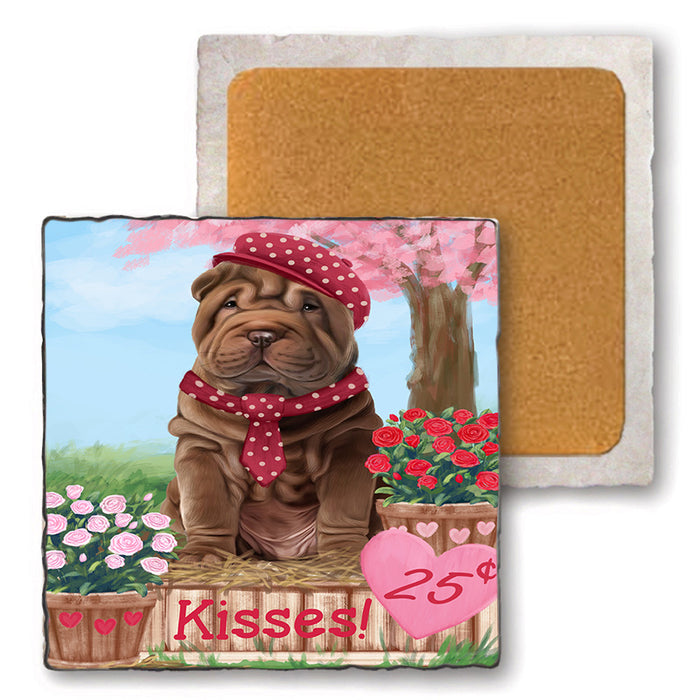 Rosie 25 Cent Kisses Shar Pei Dog Set of 4 Natural Stone Marble Tile Coasters MCST51025
