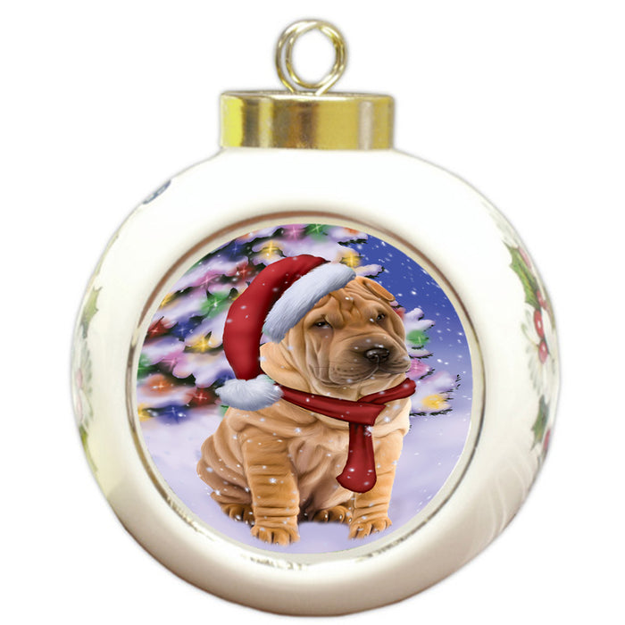 Winterland Wonderland Shar Pei Dog In Christmas Holiday Scenic Background  Round Ball Christmas Ornament RBPOR53417