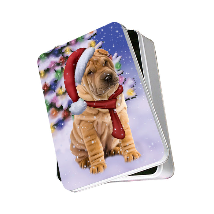 Winterland Wonderland Shar Pei Dog In Christmas Holiday Scenic Background Photo Storage Tin PITN53417