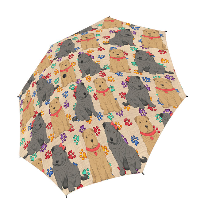 Rainbow Paw Print Shar Pei Dogs Red Semi-Automatic Foldable Umbrella
