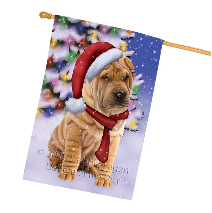 Winterland Wonderland Shar Pei Dog In Christmas Holiday Scenic Background  House Flag FLG53615