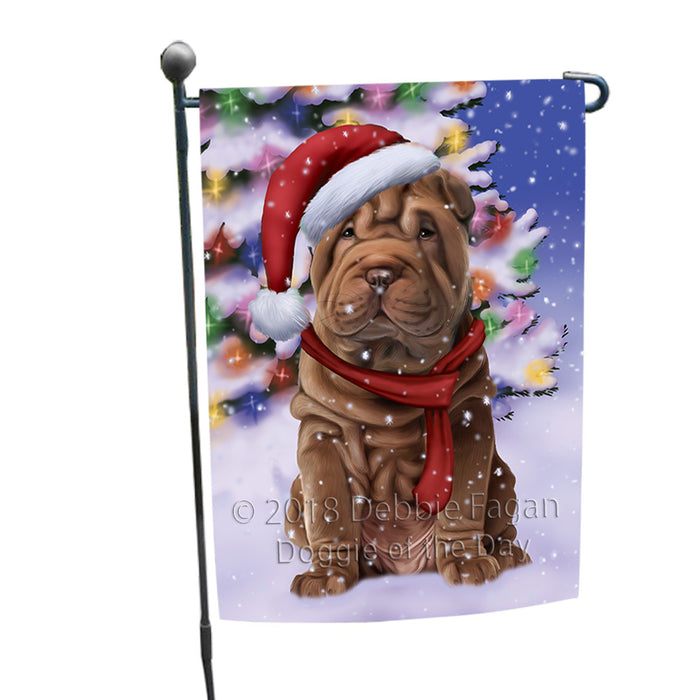 Winterland Wonderland Shar Pei Dog In Christmas Holiday Scenic Background  Garden Flag GFLG53480