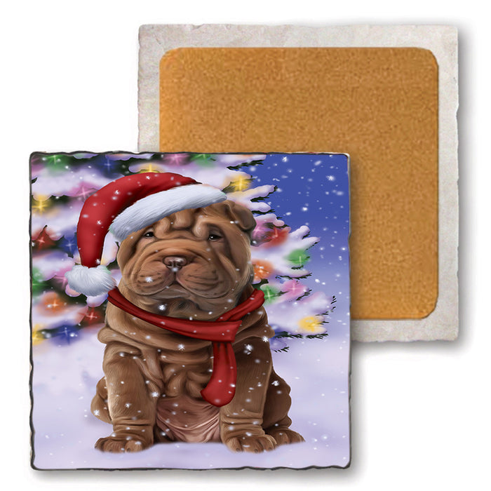 Winterland Wonderland Shar Pei Dog In Christmas Holiday Scenic Background  Set of 4 Natural Stone Marble Tile Coasters MCST48418