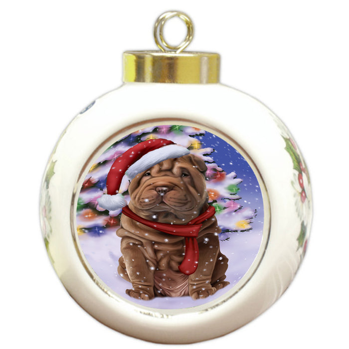 Winterland Wonderland Shar Pei Dog In Christmas Holiday Scenic Background  Round Ball Christmas Ornament RBPOR53418
