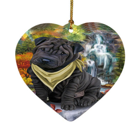 Scenic Waterfall Shar Pei Dog Heart Christmas Ornament HPOR51952