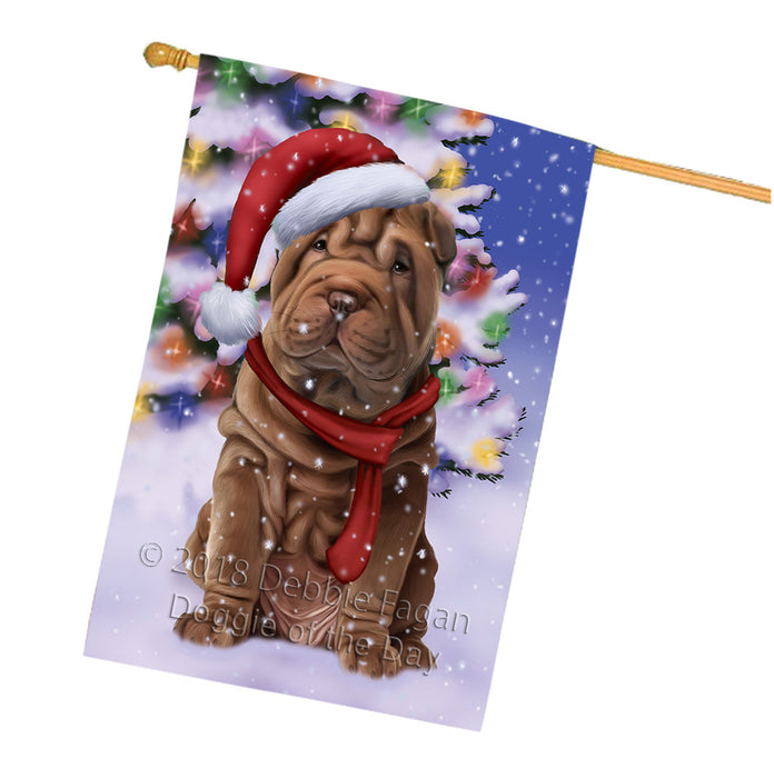 Winterland Wonderland Shar Pei Dog In Christmas Holiday Scenic Background  House Flag FLG53616