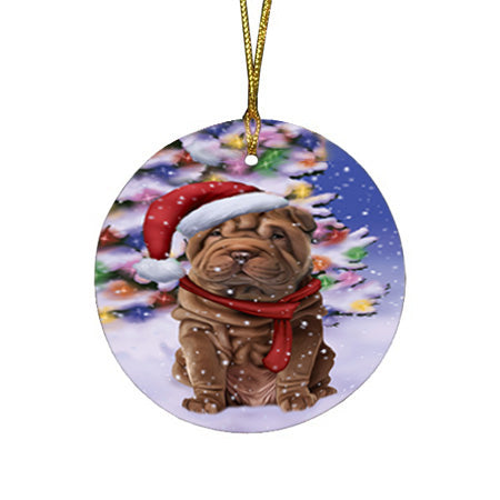 Winterland Wonderland Shar Pei Dog In Christmas Holiday Scenic Background  Round Flat Christmas Ornament RFPOR53409