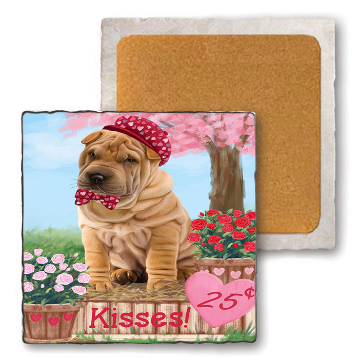 Rosie 25 Cent Kisses Shar Pei Dog Set of 4 Natural Stone Marble Tile Coasters MCST51026