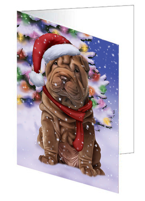 Winterland Wonderland Shar Pei Dog In Christmas Holiday Scenic Background  Handmade Artwork Assorted Pets Greeting Cards and Note Cards with Envelopes for All Occasions and Holiday Seasons GCD64283
