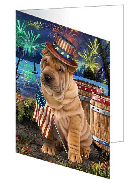 4th of July Independence Day Fireworks Shar Pei Dog at the Lake Handmade Artwork Assorted Pets Greeting Cards and Note Cards with Envelopes for All Occasions and Holiday Seasons GCD57704
