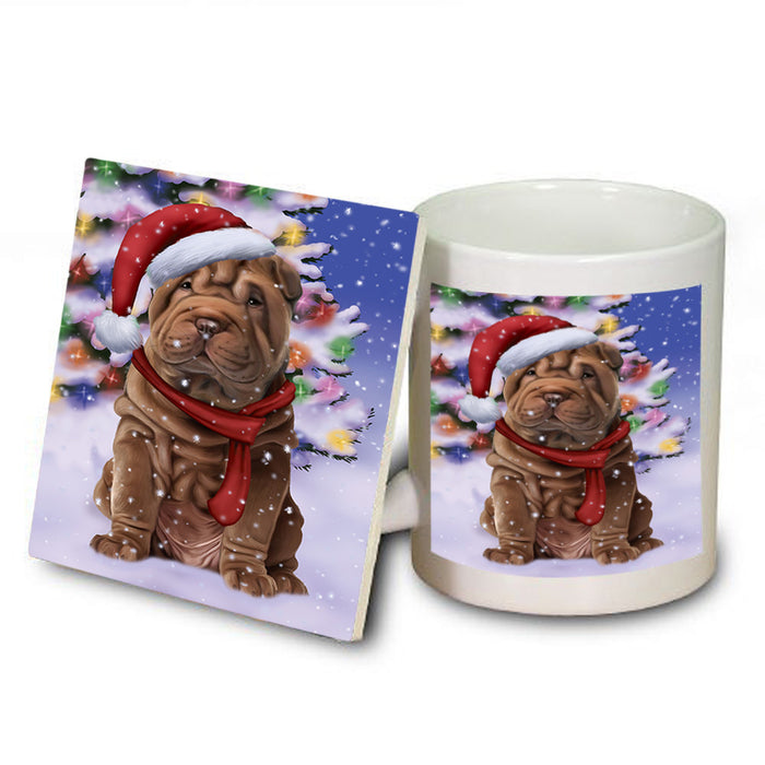Winterland Wonderland Shar Pei Dog In Christmas Holiday Scenic Background  Mug and Coaster Set MUC53410