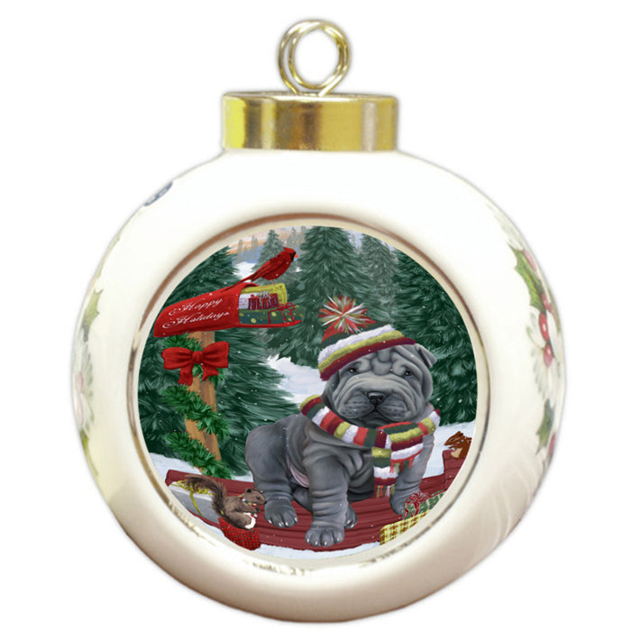 Merry Christmas Woodland Sled Shar Pei Dog Round Ball Christmas Ornament RBPOR55384