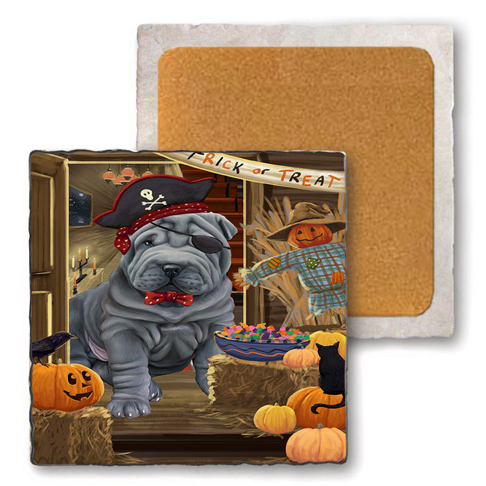 Enter at Own Risk Trick or Treat Halloween Shar Pei Dog Set of 4 Natural Stone Marble Tile Coasters MCST48276