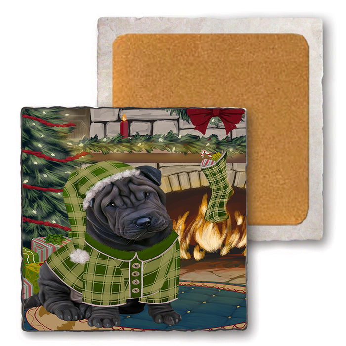 The Stocking was Hung Shar Pei Dog Set of 4 Natural Stone Marble Tile Coasters MCST50608