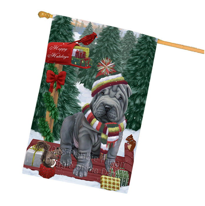 Merry Christmas Woodland Sled Shar Pei Dog House Flag FLG55457