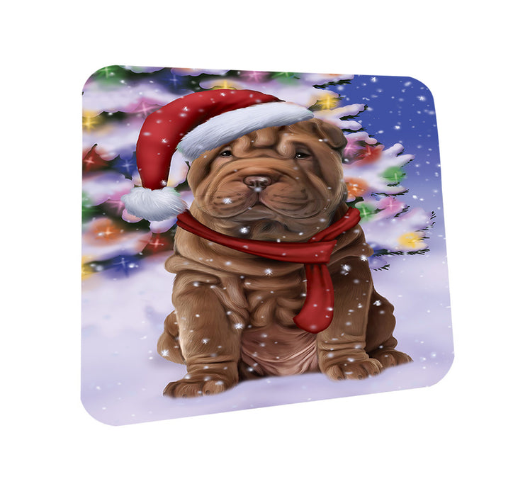 Winterland Wonderland Shar Pei Dog In Christmas Holiday Scenic Background  Coasters Set of 4 CST53376