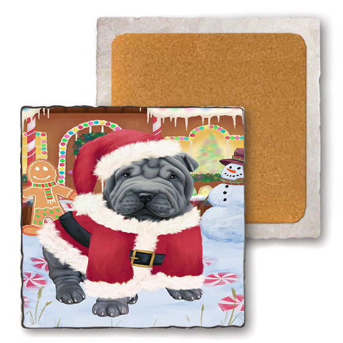 Christmas Gingerbread House Candyfest Shar Pei Dog Set of 4 Natural Stone Marble Tile Coasters MCST51542