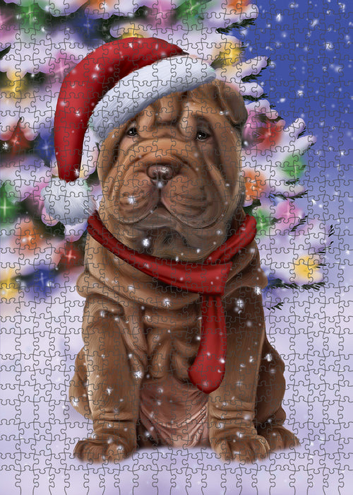 Winterland Wonderland Shar Pei Dog In Christmas Holiday Scenic Background Puzzle with Photo Tin PUZL80828