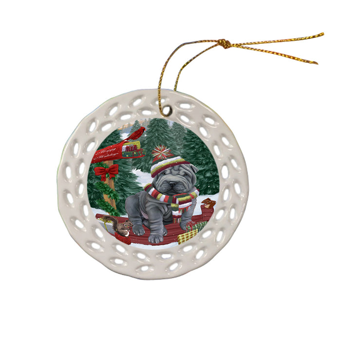 Merry Christmas Woodland Sled Shar Pei Dog Ceramic Doily Ornament DPOR55384