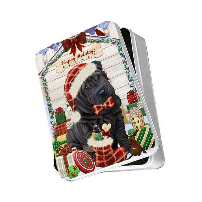 Happy Holidays Christmas Shar Pei Dog House With Presents Photo Storage Tin PITN51498