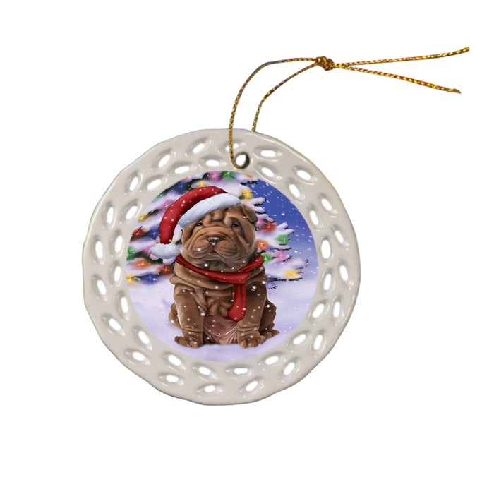 Winterland Wonderland Shar Pei Dog In Christmas Holiday Scenic Background  Ceramic Doily Ornament DPOR53418