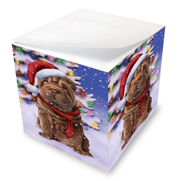Winterland Wonderland Shar Pei Dog In Christmas Holiday Scenic Background Note Cube NOC53418