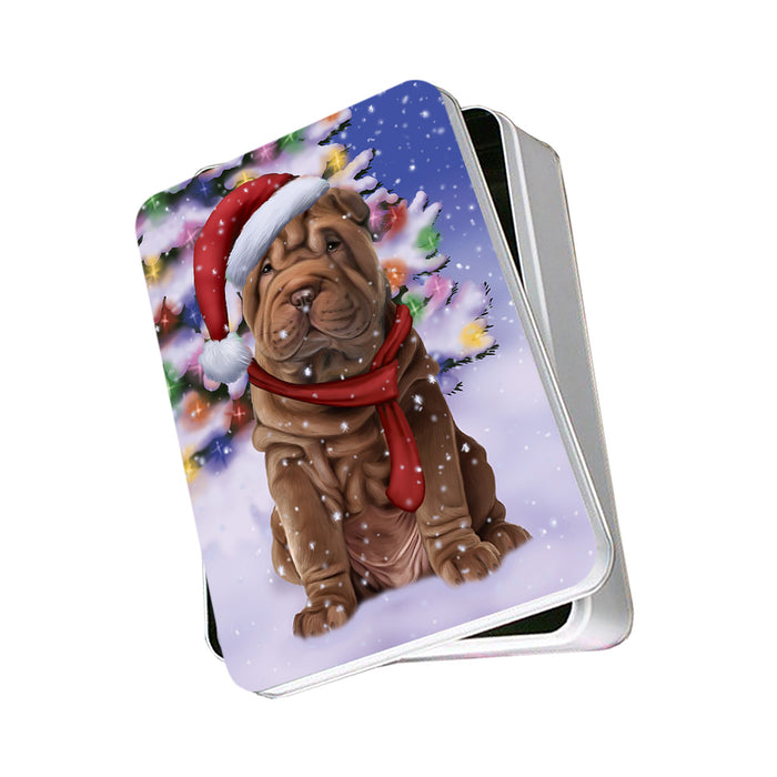 Winterland Wonderland Shar Pei Dog In Christmas Holiday Scenic Background Photo Storage Tin PITN53418
